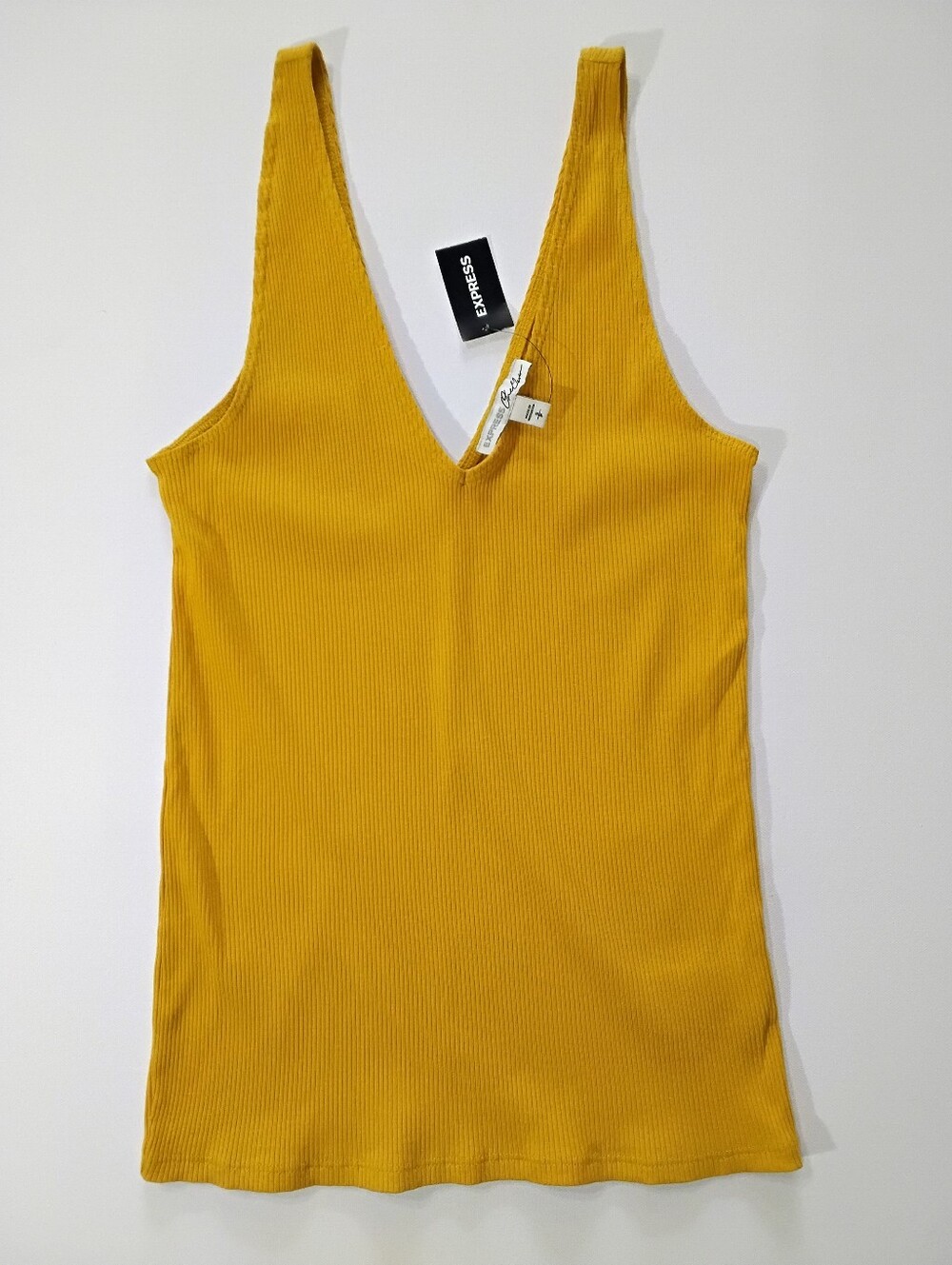 Express Ribbed V-Neck Tank Top in Mustard Yellow